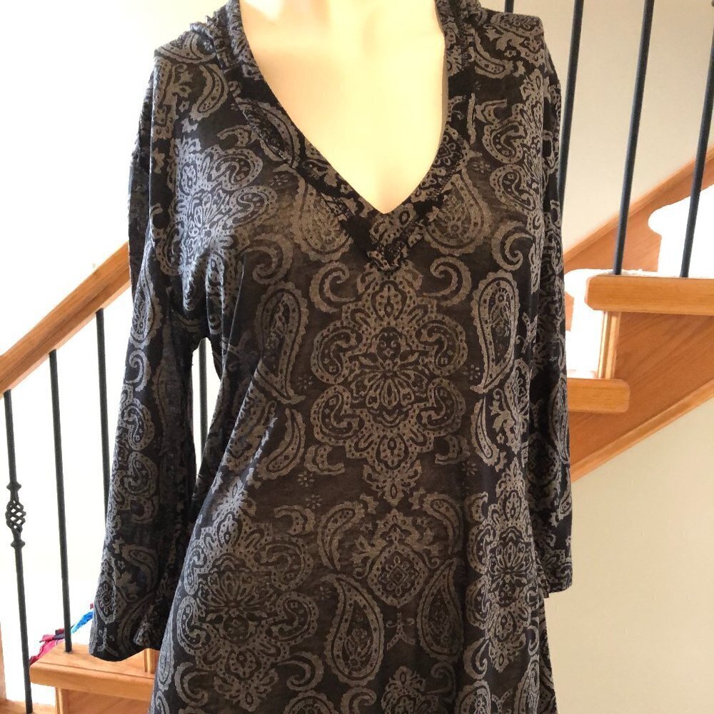 Marika Balance Collection Hooded Paisley Print VNeck CoverUp Tunic Top Blk+Gry M